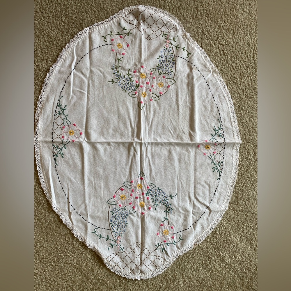 Embroidered Handmade Oval Centerpiece/Table Runner with Floral Design, 37”Lx27”W